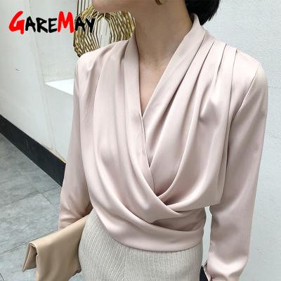 China Sustainable Silk Satin Blouses Women Tops Korean Fashion Long Sleeve Button Up Shirt Clothes Office Lady Solid V-Neck for sale