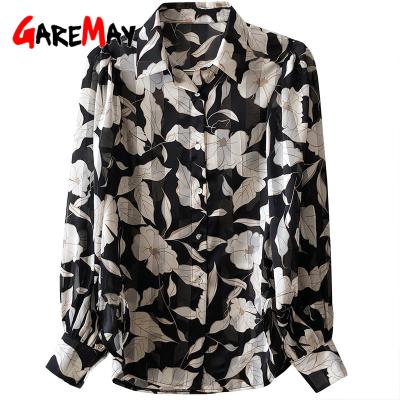 China Viable Beautiful Women's Elegant Top Black Floral Print With One Sleeve Summer Blouse Vintage Fluffy Shirts For Women for sale