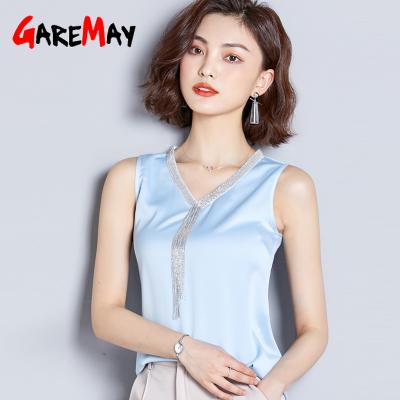 China Streetwear Female Tank Top Women Summer Korean Black Deep V Neck Silk Breathable Satin Sleeveless Tops for sale