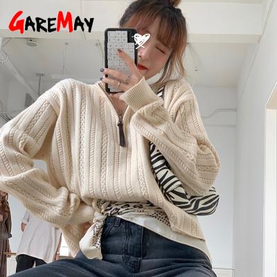 China Breathable Zipper Open Collar Female Loose Half Knitted Sweater Autumn Women Clothing 2021 Top for sale