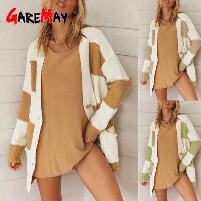 China 2021 Breathable Women's Autumn New Product Knit Sweater Pocket Color Straight Striped Cardigan for sale