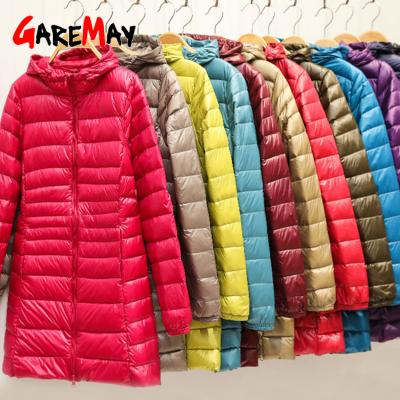 China Winter Warm Women's Long Jacket Anti-Shrink White Light Hooded Duck Down Female Overcoat Ultra Slim Padded Jackets Coat Wearable Parka for sale