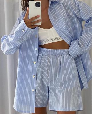 China Viable Loung Wear Tracksuit Women Shorts Set Long Top And High Waisted Loose Mini Shorts Two Piece Set 2021 Stripe Sleeve Shirt for sale