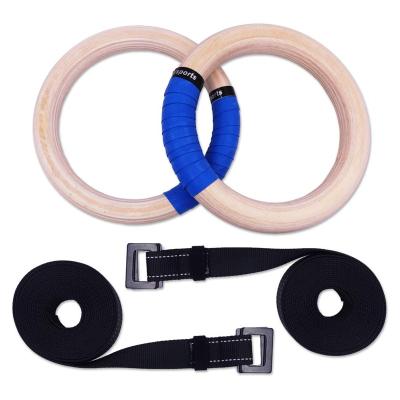 China Wooden 28/32 mm Gymnastic Ring with Adjustable Straps Crossfit Home Gym Fitness Pull Ups Strength Training Gymnastics Equipment for sale