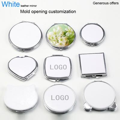 China Mini Pocket Compact Makeup Mirror Double Sides Folding Custom PU Leather Mirror Portable Magnifying White PU Leather Pocket MI for sale