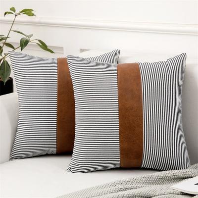 China Viable Home Decor Patchwork Faux Leather Pillow Cover Decorative Tile Case 18x18 Black Stripes PU Patchwork Linen Cushion Cover for sale