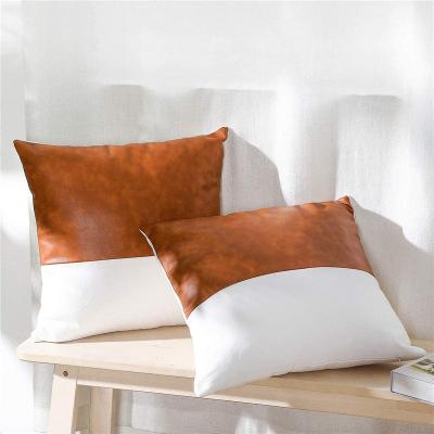 China Modern High Quality Leather Case Folded Canvas Patchwork Cushion and Pillow Cover Tile PU Brown and White Cushion Covers for sale