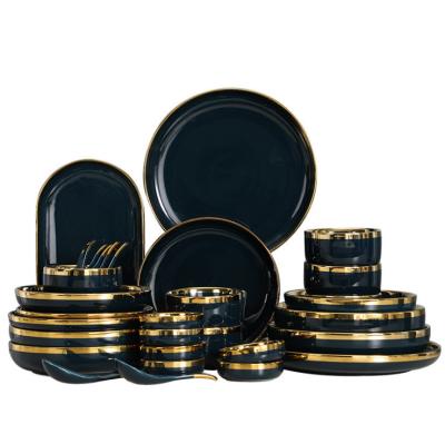 China Viable Wholesale Ceramic Nordic Marble Gold Rim Wedding Dinner Set Restaurant Dishes Luxury Dinnerware Set for sale