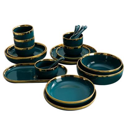 China 2021 Viable Wholesale Dinner Dishes Dinnerware Sets Dinnerware Sets Dark Green Ceramic Luxury Marble Dinner Set Latest for sale