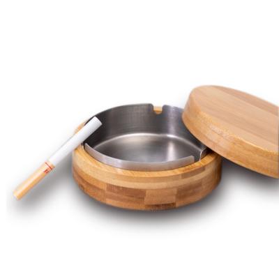 China 2021 Nordic creative new hotel restaurant home wooden ashtray personalized stainless steel bamboo ashtray with lid for sale