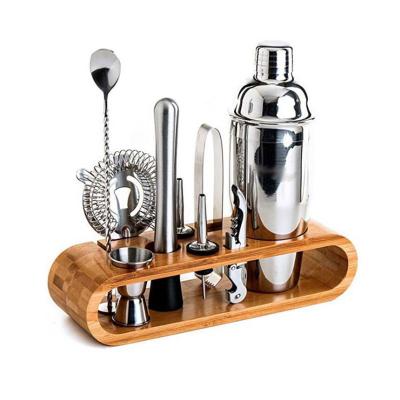 China Bar Accessories Jigger Cocktail Shaker Set Wooden Stand Stainless Steel Cocktail Shaker Tools Bartender Set Professional Barware 10pcs for sale