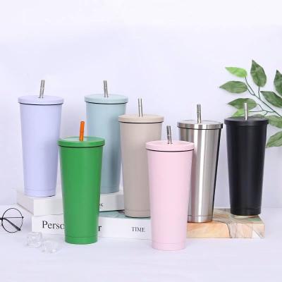 China 24oz Large Capacity 750ML 304 Stainless Steel Coffee Mug Straw Thermos Cup PORTABLE Tumbler Vacuum Solid Color Straw Cup for sale