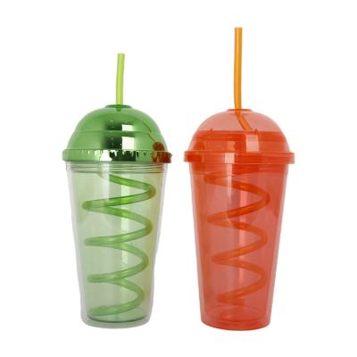 China 450ml/16oz Double Wall Sustainable Water Tumbler Plastic Dome Lid PS Insulated Plastic Wine Cup With Spiral Straw for sale