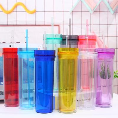 China 24 Pack 16oz Sustainable Reusable Double Wall Clear Insulated Upright Tumblers Skinny Plastic Cups Mug Water Bottles With Straw And Lids for sale