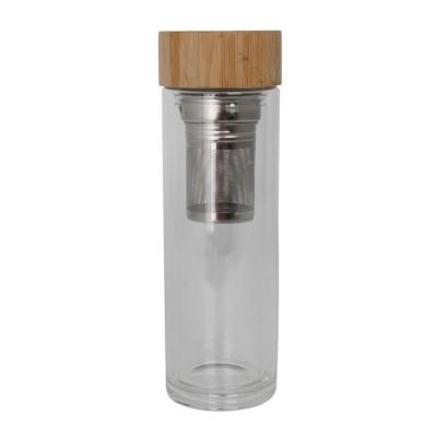 China Viable Creative Portable Double Wall Borosilicate Business Gift Water Cup Household Bamboo Wooden Glass Heat Resistant Bottle for sale