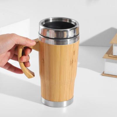 China 450ml Custom Eco Friendly Inner Drinking Beer Vacuum Mug Stainless Steel Travel Sustainable Wooden Bamboo Tumblers With Handle And Lid for sale