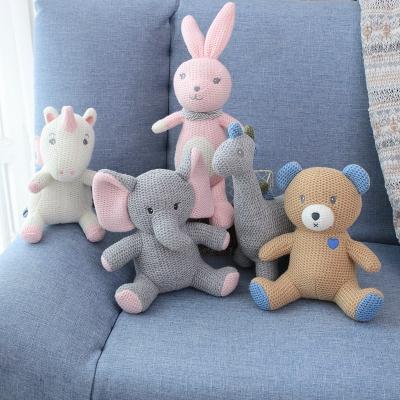 China New Plush Bear/Unicorn/Dinosaur/Rabbit/Elephant Knitted Stuffed Animals Plush Toys Baby Shower Gifts for sale