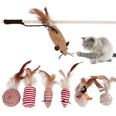 China 7pcs Viable Set Cat Toys Feather Linen Cat Magic Wand Wooden Cat Teaser Stick Interactive Pet Toys for sale