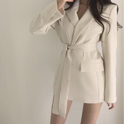 China Breathable Autumn Winter Women Jackets Office Ladies Lace Up Formal Notched Outwear Stylish Black White Tops for sale