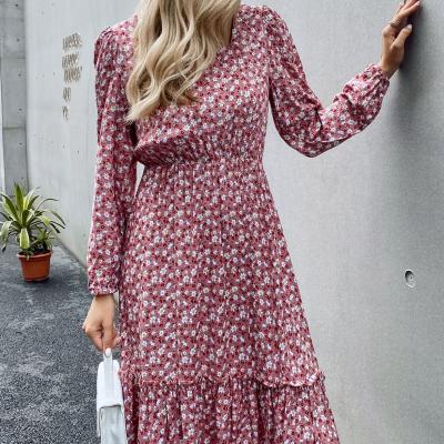 China Anti-static Women Dress Long Autumn Winter Long Sleeve Elegant Ladies Flower Square Collar Dresses for sale