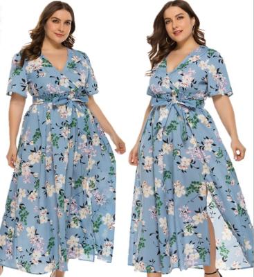 China Plus Size Dress Bohemia Anti-Static V-Neckline Split Long Sleeve Foreign Trade Women's Dress Printed Long Beach Dress for sale