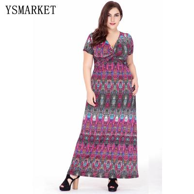 China Elegant V-Neckline Maxi Long Dress Plus Size XL-6XL Women's Blue Print Bohemian Women's Summer Anti-static Boho Casual Dress for sale