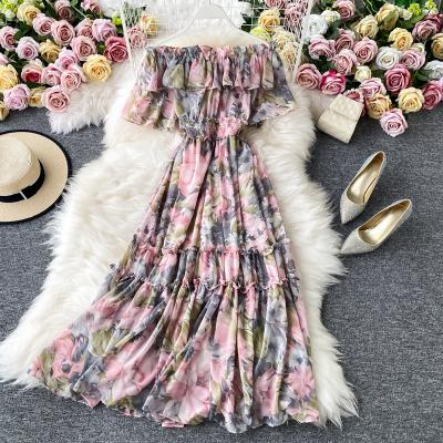 China Anti-Static High Waist Women Summer Ruffle Slash Off Shoulder Dress Shorts Sheath Floral Print Long Dress 108cm Length for sale