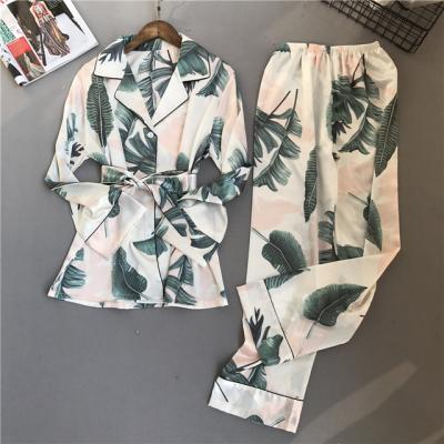 China Breathable Spring Print Pattern Women Pajamas Set Rayon Sleepwear Paper Long Sleeve Pants Two Suit for sale