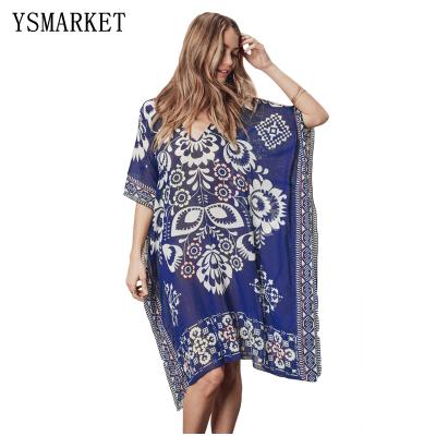 China Summer Boho Print Bandanna Style Beach Floral Boxy Women Kaftan Breathable Loose Chiffon Cover Up E42254 for sale