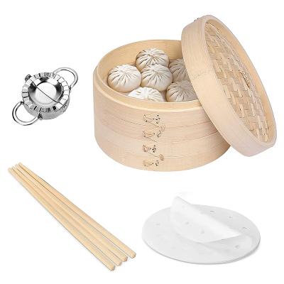 China Newell 10inch Sustainable Bamboo Steamer Set Mini Favors Food Momo Wholesale Chinese Dim Sum Basket Set Bamboo Steamer With Logo for sale