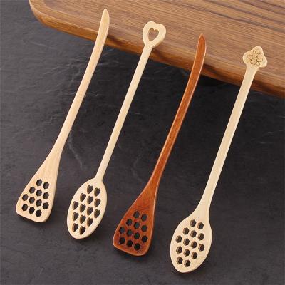 China Newell Tea Accessories Handcraft Heart Stocked Shape Wooden Honey Dipper Stick Long Handle Coffee Tea Spoon Stirrer for sale