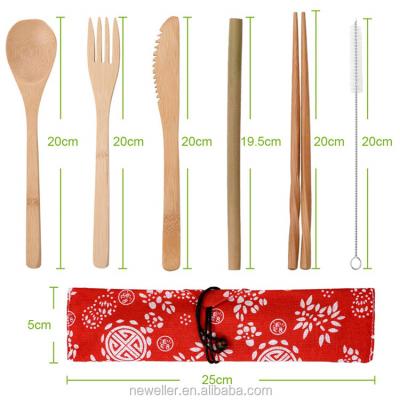 China NEWELL Natural Fiber Material Biodegradable Bamboo Indoor Travel Bamboo Straw Toothbrush Spoon Fork Knife Wooden Tableware Cutlery Set With Straw for sale