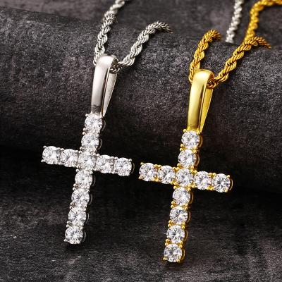 China Hiphop Hip Hop Sterling Silver Cross Pendant With VVS Moissanite Stone Iced Out Moissanite Cross Pendant Necklace for sale