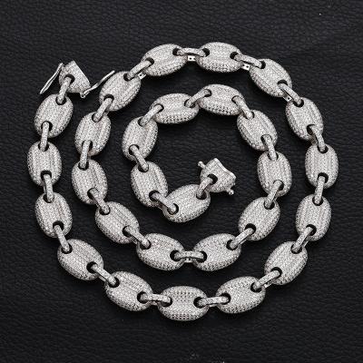 China Full Of Hiphop Hip Hop 10MM Iced Out Silver Bean Necklace 925 Diamond Micro Pave Link Chain Coffee Moissanite Necklace for sale