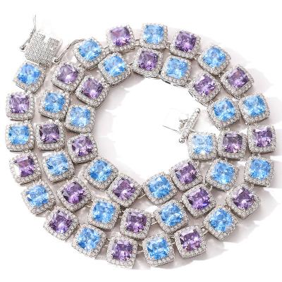 China Hot Selling Hip Hop Hip Hop 10MM Aqua Blue &Purple Zirconia Tennis Chain Fashion Iced Out Tennis Necklaces Jewelry for sale