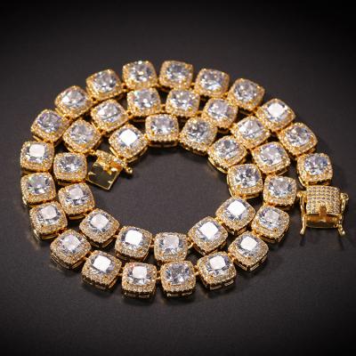 China 10mm 18K Gold Brass Gold Plated Zircon Iced Out Tennis Chain for sale