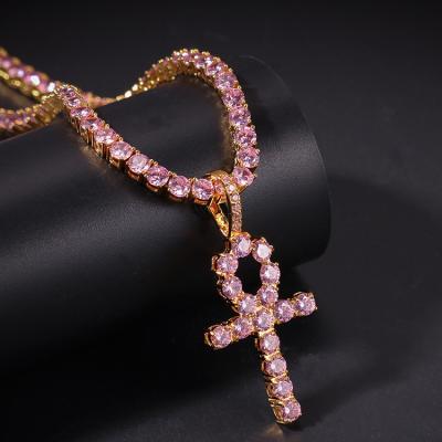 China Lab 4mm Pink Brass Diamond Tennis Chain with Ankh Cross Pendant Sets for sale