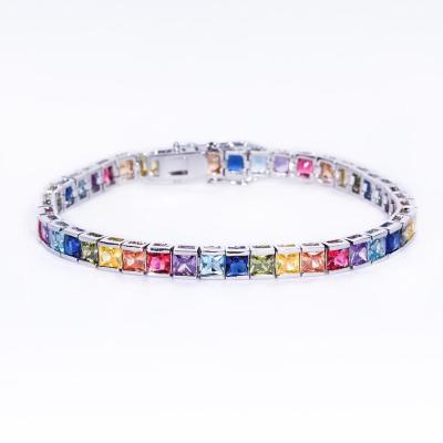 China Brass Square CZ Iced Out Rainbow Tennis Bracelet Bangle Multi Colored CZ Jewelry for sale