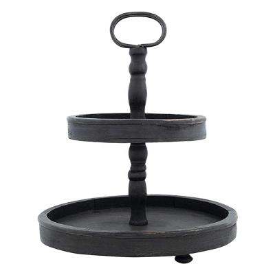 China Creative Distressed Black Wooden Tier Tray Cake Stand Wooden Handle 2 Mordern Hot Selling Metal for sale