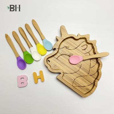 China Eco-friendly Natural Bamboo Wood Toddler Unicorn Suction Plate Stay Put Feeding Tableware for sale