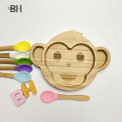 China Children's Bamboo Baby Feeding Dish And Spoon With A Removable Silicone Suction Bottom Stay Set Toddler Suction Dish And Spoon Set for sale