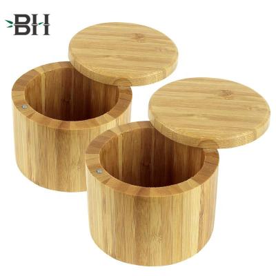 China Eco - Friendly Round Salt Box Bamboo Spice Jar Sustainable With Lid for sale