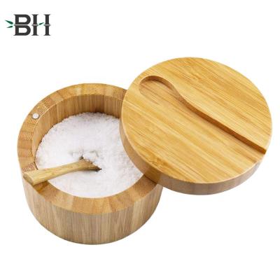 China Sustainable Nature Wooden Bamboo Seasonings Box With Mini Spoon Kitchen Salt Pepper Spice Storage Container With Lid for sale