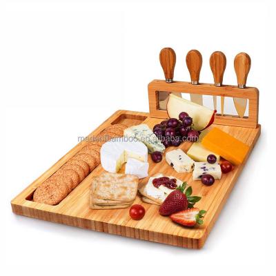 China Sustainable bamboo cheese board and knife set, Charcuterie board with 4 cheese knives for sale