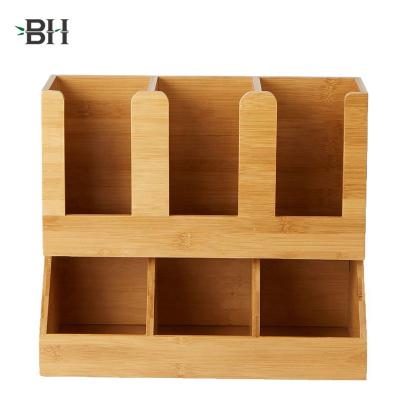 China 6 Compartment Sustainable Bamboo Coffee Breakroom Condiment and Cup Storage Upright Organizers for sale