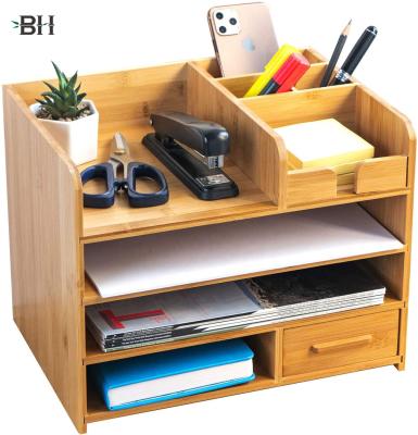 China Sustainable Durable Bamboo 4 Tier Table Top Storage For Pencils Notepads Documents And Office Supplies for sale