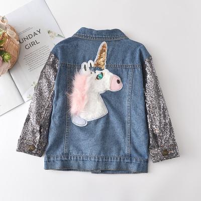 China Breathable Modern Cool Girl Coat Sequin Drop Long Sleeve Unicorn On The Back Boutique Girl Jeans Jacket for sale