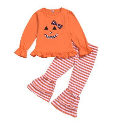 China New Casual Halloween Girl Children Outfits Costume Amazon Drop Kids Pumpkin Striped Pants Dress Up Set for sale