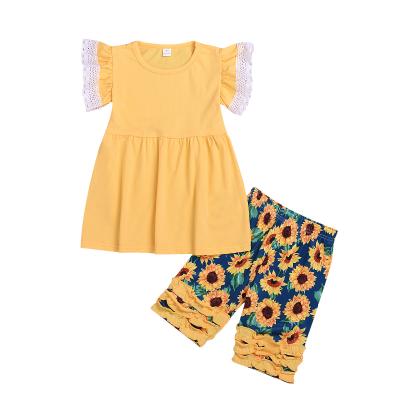 China Good Quality Cute Sunflower Ruffle Boutique Girl Outfits Summer Kids Girls Flare Leg Panty Set for sale