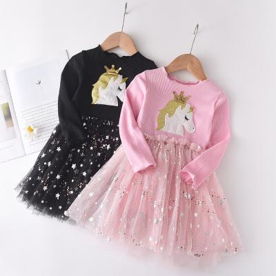 China New Design Wholesale Washable Knitted Splice Lace Sequin Stars Fall Winter Boutique Unicorn Girl Dresses for sale